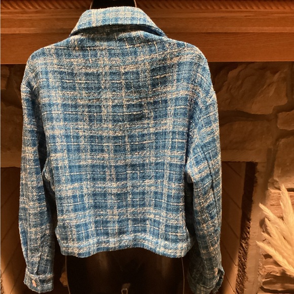 ZARA BLUE TWEED CROPPED LONG SLEEVE RHINESTONE BUTTON OVERSIZED JACKET SZ. L - Picture 15 of 15